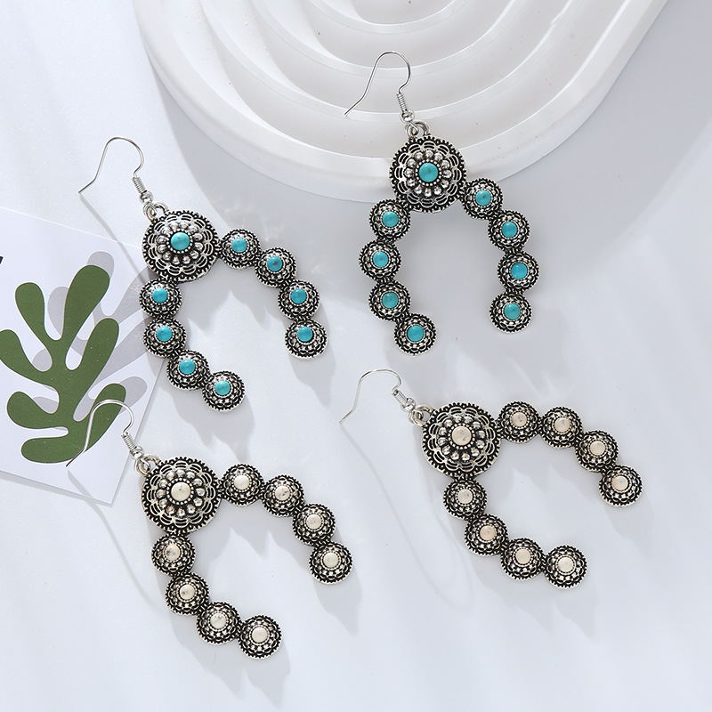 Wholesale Cross-border Amazon independent station hot selling earrings European and American retro alloy inlaid turquoise creative exaerated temperame