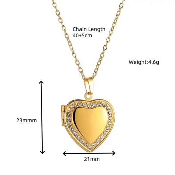 Wholesale Jewelry Sweet Heart Shape Titanium Steel Rhinestones 18K Gold Plated Inlay Locket Necklace