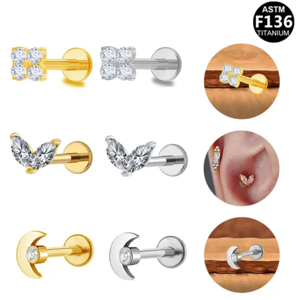 Wholesale 1 Piece Ear Cartilage Rings & Studs Elegant Moon Pure Titanium Polishing Plating Inlay Zircon 18K Gold Plated White Gold Plated Ear Cartilage Rings & Studs