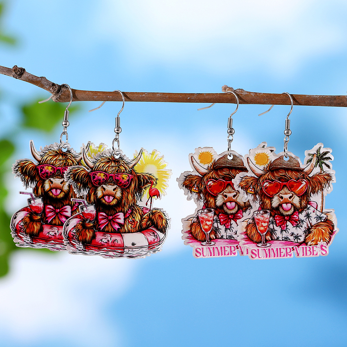Wholesale Cross-border New Holiday Style Western Style Swimming Ring Alpine Cow Sunglasses Sun Palm Tree Acrylic Pendant Earrings