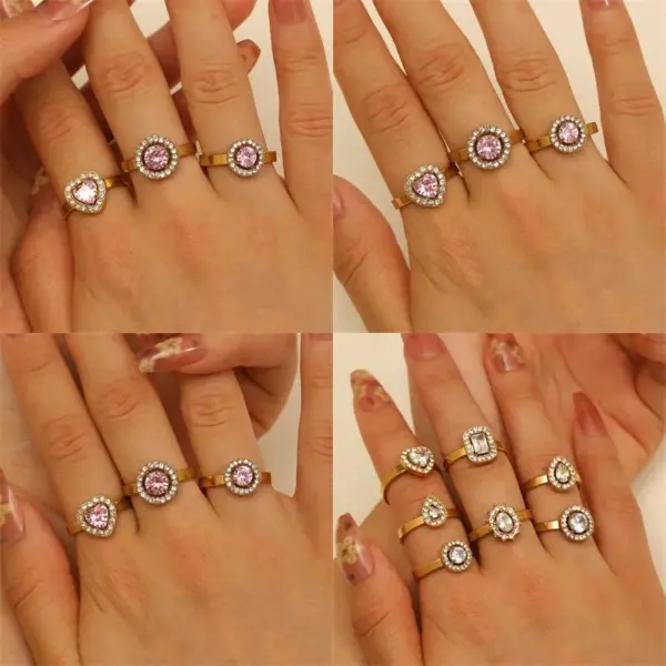 Wholesale Adjustable Open Stainless Steel Ring Geometric Heart Waterdrop Design White Pink Zirconia Embedded Fashionable Unisex Ring