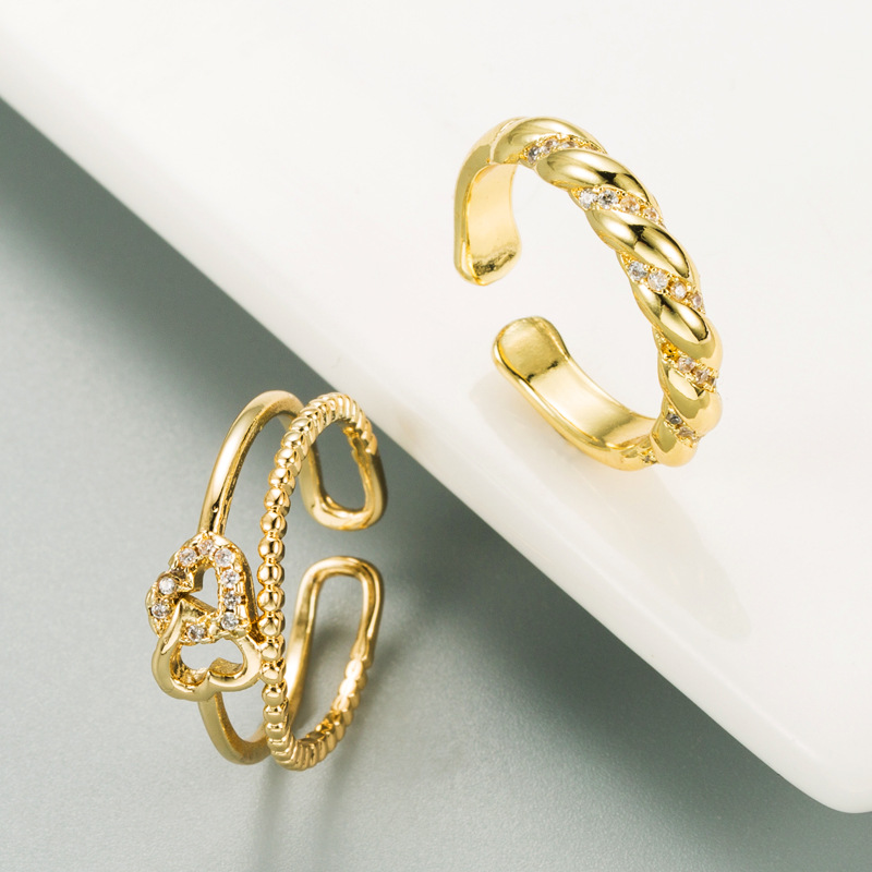 Wholesale ins European and American new double-layer heart-shaped open copper micro inlaid zircon ring fashion color retaining electroplated 18K gold