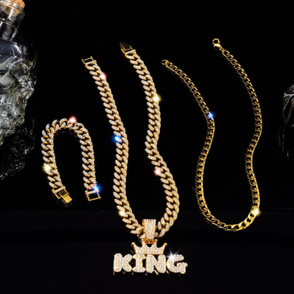 Wholesale Crown King Hip Hop Full Diamond Cuban Chain Bracelet Three-Piece Set