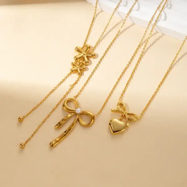 Wholesale Jewelry Vacation Simple Style Heart Shape Bow Knot Titanium Steel Plating Pendant Necklace Cable Chain