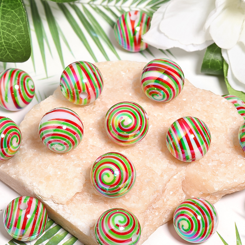 Wholesale Christmas Acrylic Round Candy Striped Spiral Printed Beads
