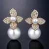 Wholesale High Quality RAKOL French Style Pearl Earrings For Women Creative Flower Micro-Paved Zirconia Fashionable Geometric Pattern