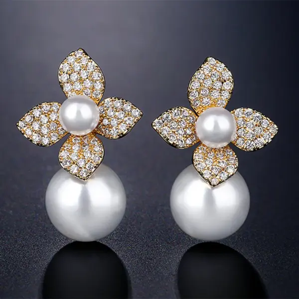 Wholesale High Quality RAKOL French Style Pearl Earrings For Women Creative Flower Micro-Paved Zirconia Fashionable Geometric Pattern