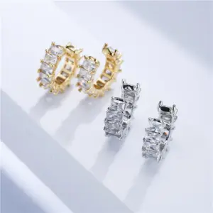 Wholesale Micro-inlaid Zircon Ear Clip Square Diamond Earrings Copper Plated 18k Gold Jewelry