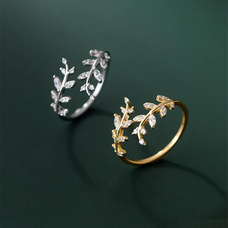 Wholesale Copper Plating Inlay Leaves Rhinestones Open Rings