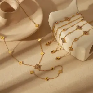 Wholesale Jewelry IG Style French Style Commute Four Leaf Clover Solid Color Flower 304 Stainless Steel Zircon 18K Gold Plated Bracelets Necklace