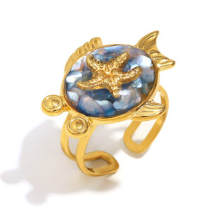 Starfish dripping oil and broken shellfish open ring-gold blue