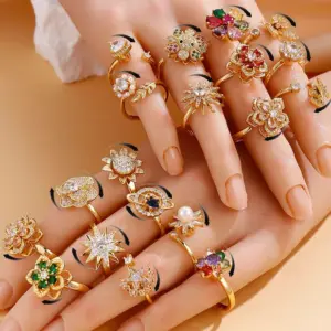 Copper Zircon Flower Plating Elegant Anxiety Ring For Women's