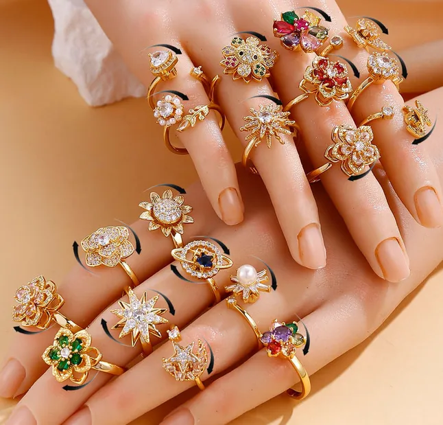Wholesale Copper Zircon Flower Plating Elegant Anxiety Ring For Women's