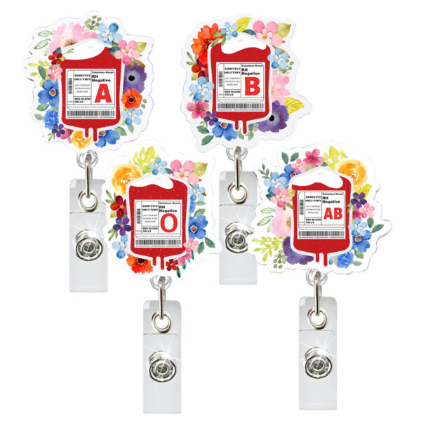 Wholesale Acrylic Flower Infusion Bag Teachers Students Blood Type Easy Pull Buckle Stretchable Badge Reel ID Buckle Medical Nurse