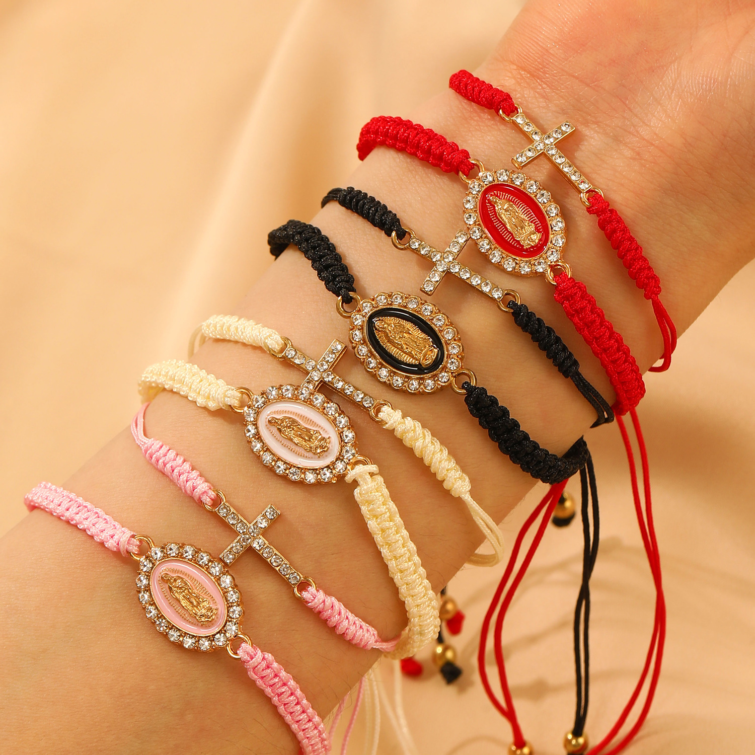 Wholesale Amazon European and American Personality Virgin Mary Cross Two-Piece Set Hand-Woven Adjustable Card Hand Rope