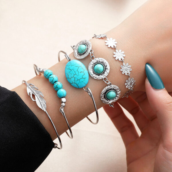 Wholesale Retro ethnic style turquoise feather flower 5-piece bracelet
