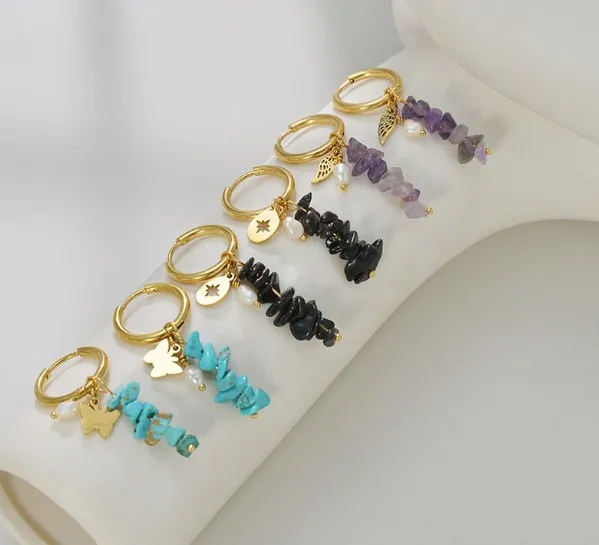 Wholesale 1 Pair Fashion Geometric Plating 304 Stainless Steel Natural Stone 18K Gold Plated Stainless Steel Earrings