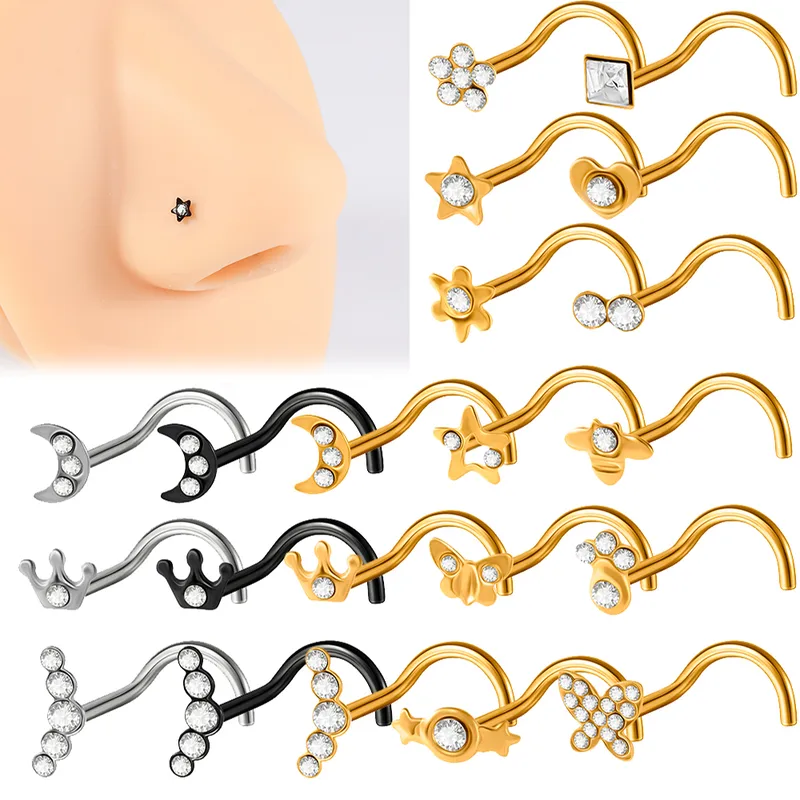 Wholesale 1 Piece Nose Rings & Studs Casual Rock Tropical Star Moon Heart Shape 304 Stainless Steel Polishing Plating Inlay Zircon 18K Gold Plated