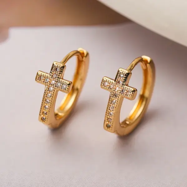 Wholesale 1 Pair Simple Style Commute Cross Crown Copper Plating Inlay Zircon 18k Gold Plated Hoop Earrings