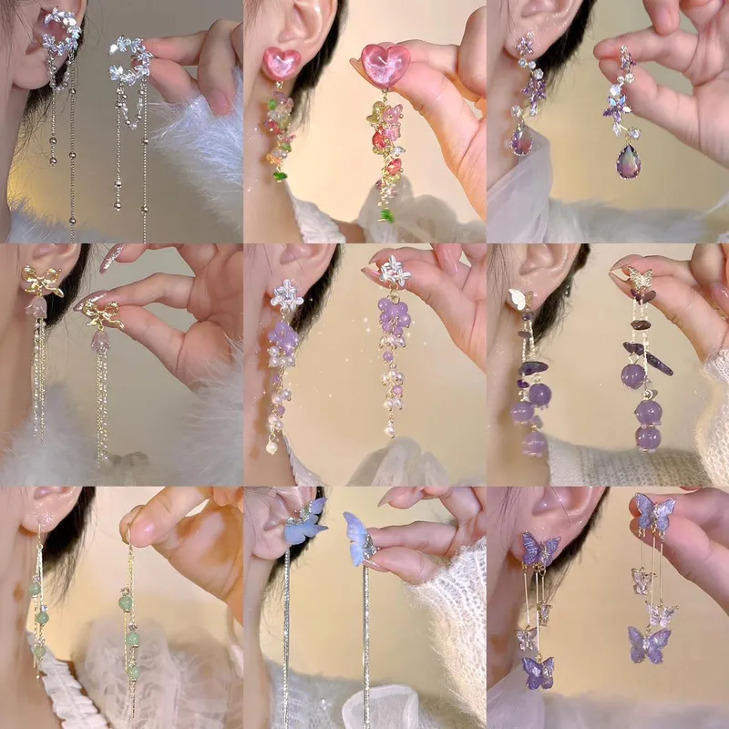 Wholesale 1 Pair Sweet Tassel Flower Butterfly Inlay Imitation Pearl Alloy Rhinestones op Earrings