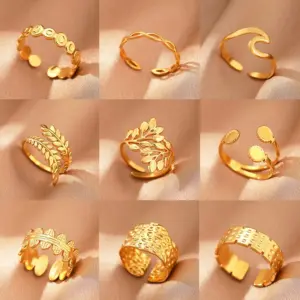 Wholesale Jewelry IG Style Retro Geometric Leaf 304 Stainless Steel Plating Open Rings