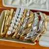 Real Gold Plated 304 Stainless Steel PVD Coated Rhinestones Pearl Solid Color Plating Inlay Bangle