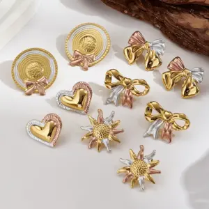 Hot-Selling INS Style 304 Stainless Steel Color-Block Bowknot Heart Straw Hat Flower Water Plated Imitation Gold Polished Earrings
