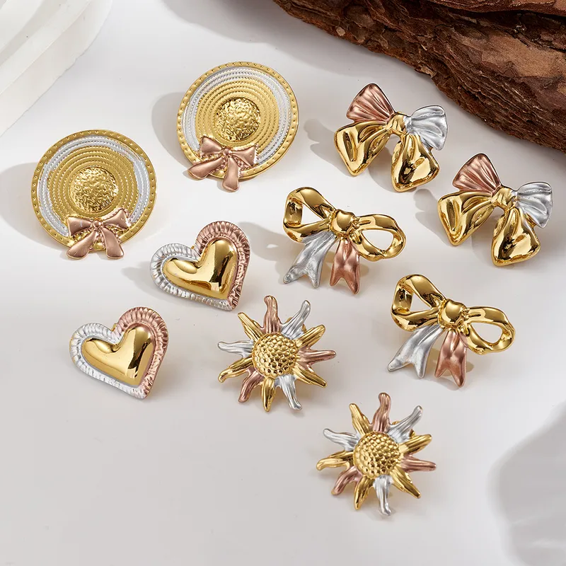 Wholesale Hot-Selling INS Style 304 Stainless Steel Color-Block Bowknot Heart Straw Hat Flower Water Plated Imitation Gold lished Earrings