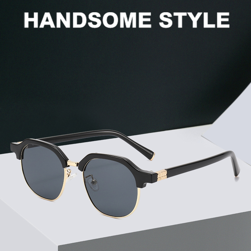 Wholesale 2024 New European and American Cross-Border Korean Style Oval Half-Frame Men's Sunglasses Retro Flat Mirror High-End Sunglasses for Women
