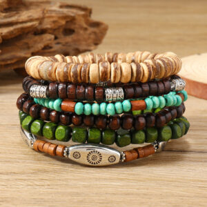 Wholesale Wooden bead alloy multi-layer elastic bracelet