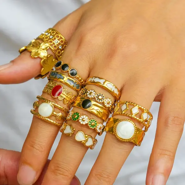 Ion Plating (IP) 18K Gold Plated Leaves Eye Flower 304 Stainless Steel Rock Oversized Waterproof Non Tarnish Open Rings