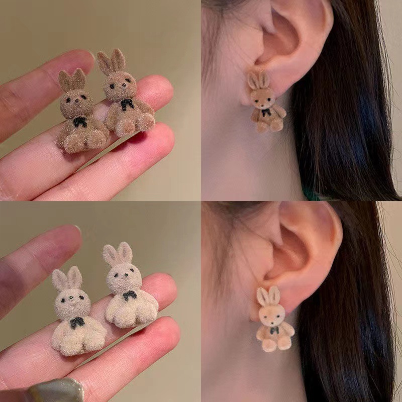 Wholesale 925 Sier Needle Korean Flocking Cute Bear Ear Stud Elegant Simple 2023 Trendy Girl Heart Student Earrings Earrings