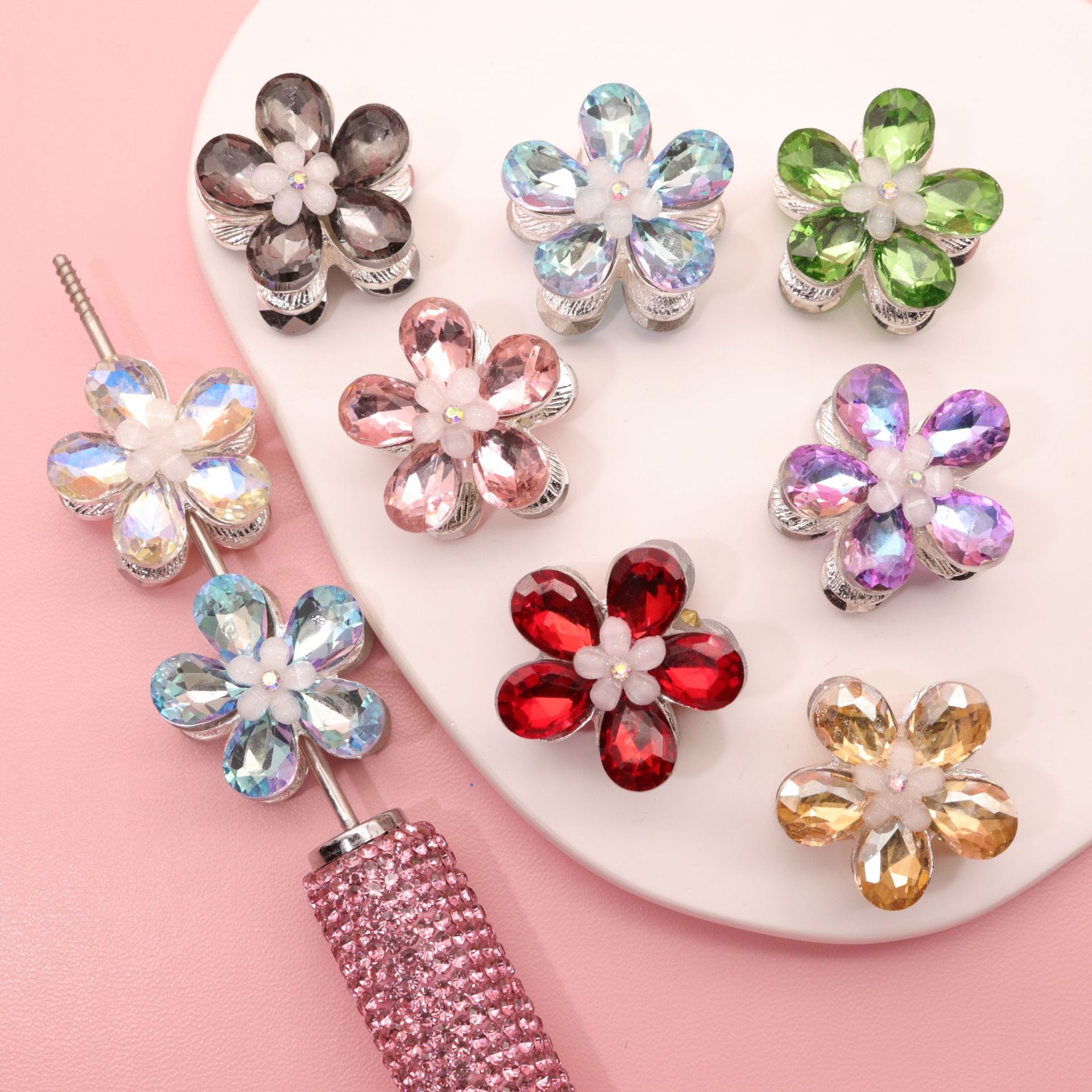 Wholesale Hole alloy five-leaf flower beaded hair aessories double-sided crystal flower plating new wholesale diy jewelry aessories