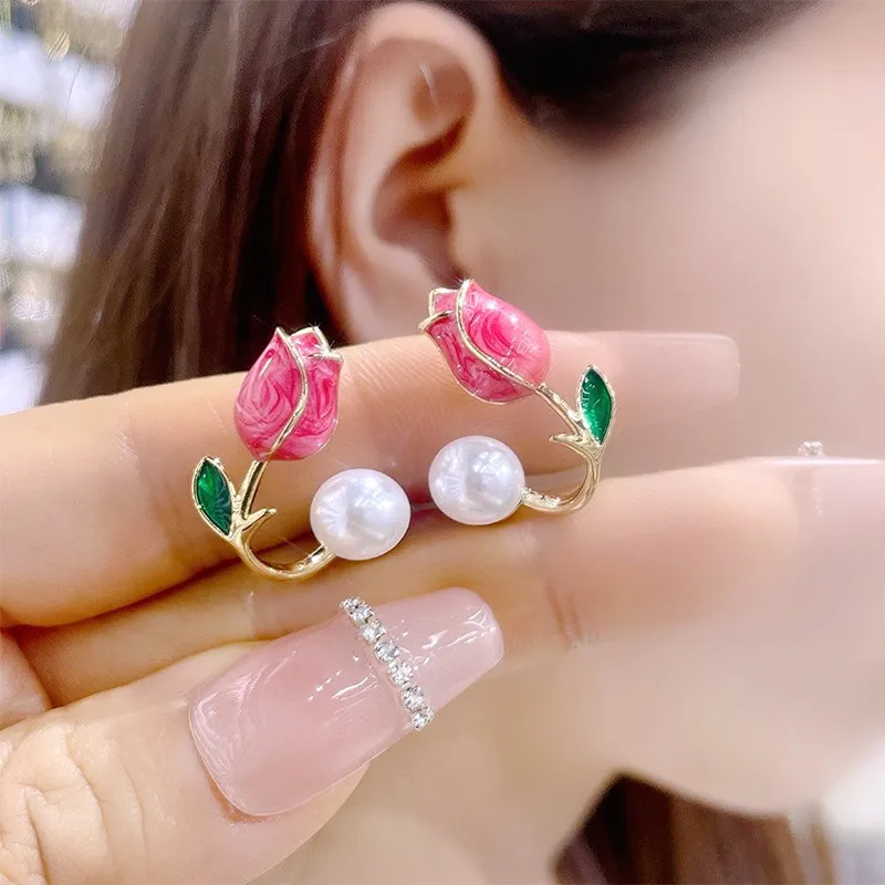 Wholesale 1 Pair Sweet Flower Plating Imitation Pearl Alloy Ear Studs