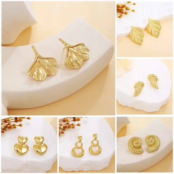 1 Pair Elegant Classic Style Geometric Leaf Heart Shape Asymmetrical 304 Stainless Steel Imitation Gold Electroplating Ear Studs