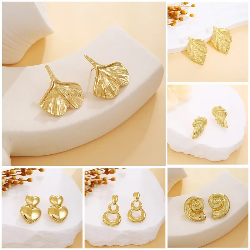 Wholesale 1 Pair Elegant Classic Style Geometric Leaf Heart Shape Asymmetrical 304 Stainless Steel Imitation Gold Electroplating Ear Studs