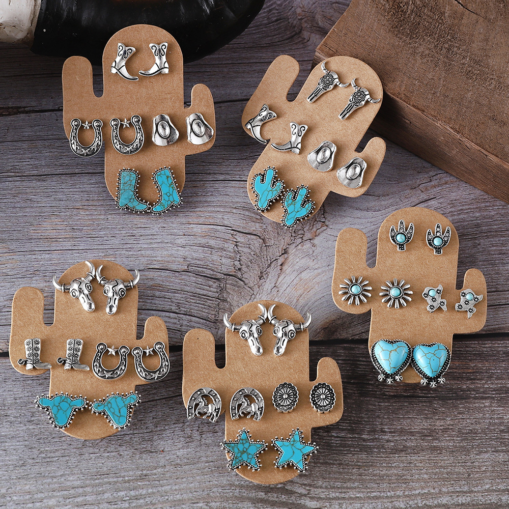 Wholesale European and American Style Fashionable Cool Style Boots Hat Earrings Turquoise Cactus Four-piece suit Women