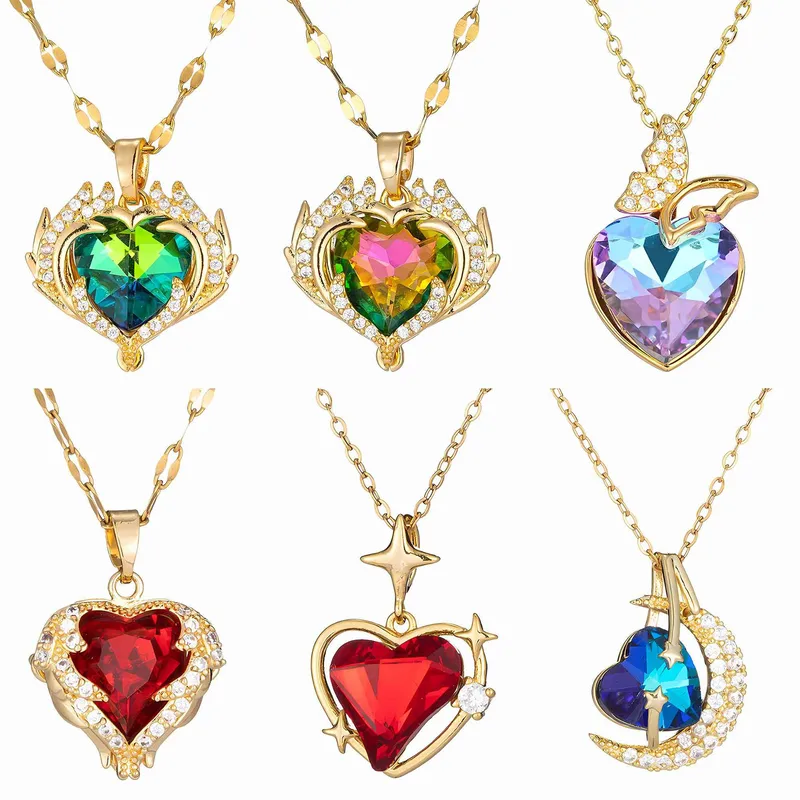 Wholesale Non-Fading Titanium Steel Necklace Heart Rose Design Versatile High-End Women's Choker Necklace Crystal Pendants New Style