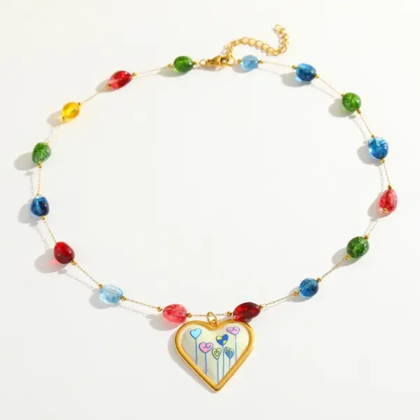 Wholesale Fresh Sweet 18K Gold Plated Stainless Steel Heart Shaped Pendant Beaded Necklace Jewelry For Women Classic Cute Queen Style