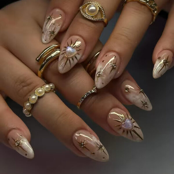 Wholesale Wear nail point drill almond long white halo nail art removable fake nails