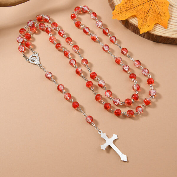 Wholesale 8mm floral glass bead cross rosary baptism necklace