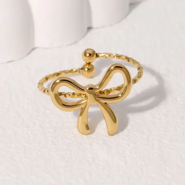 Wholesale Fashionable Small Exquisite Cute Sweet Design Open Stainless Steel Ring Bowknot Flower Shape Gold-plated Non-fading Ring Suitable For Daily Casual Dating