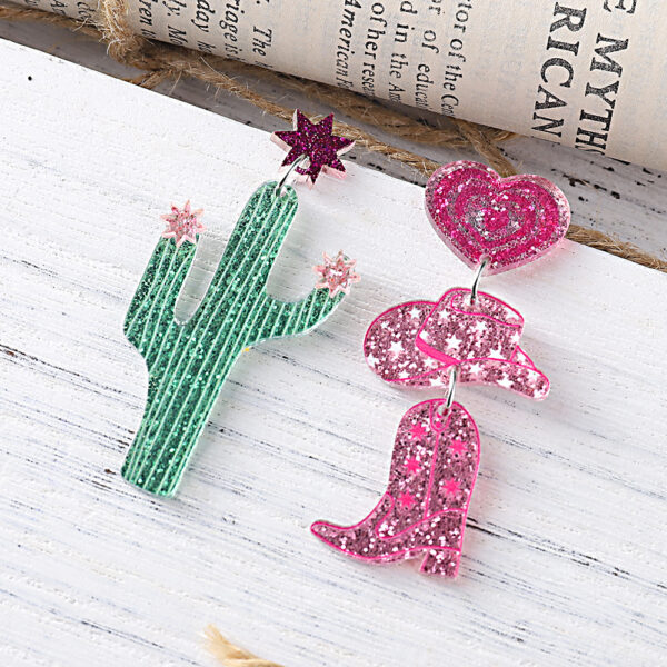 Wholesale Cross-border New Western Style Cactus Denim Hat Boots Sequin Acrylic Pendant Earrings Asymmetric Earrings