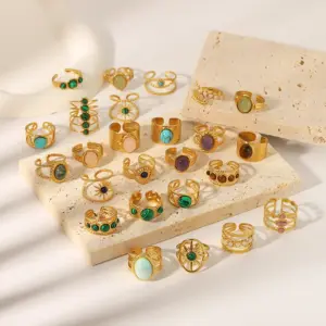 Wholesale 304 Stainless Steel C Shape Geometric Round PVD Coated Natural Stone 18K Real Gold Plated Real Gold Plated Basic Vintage Style Waterproof Non Tarnish Plating Inlay Open Rings