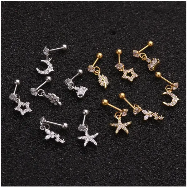 Copper Ear Cartilage Rings & Studs Pentagram Waterproof Non Tarnish Surgical Steel Women'S
