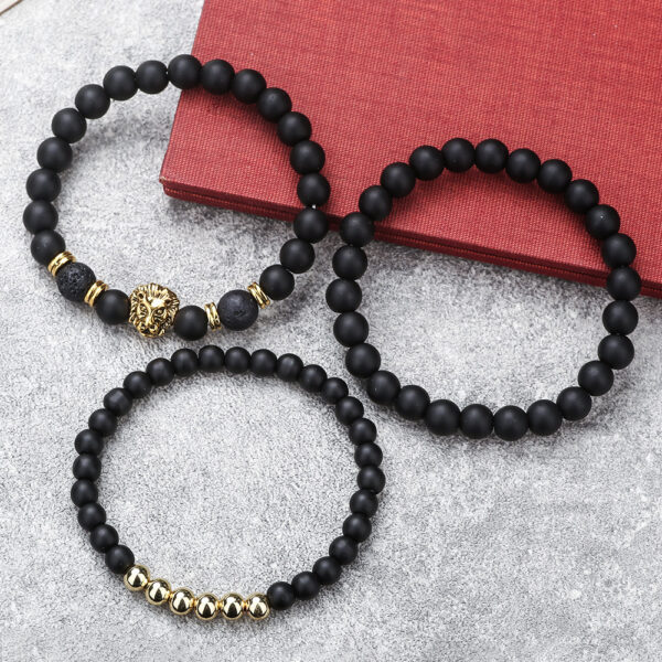 Wholesale Cross-border New 6/8mm Black Frosted Volcanic Stone Beaded Bracelet Set Combination Lion Head Elastic Bracelet Bracelet