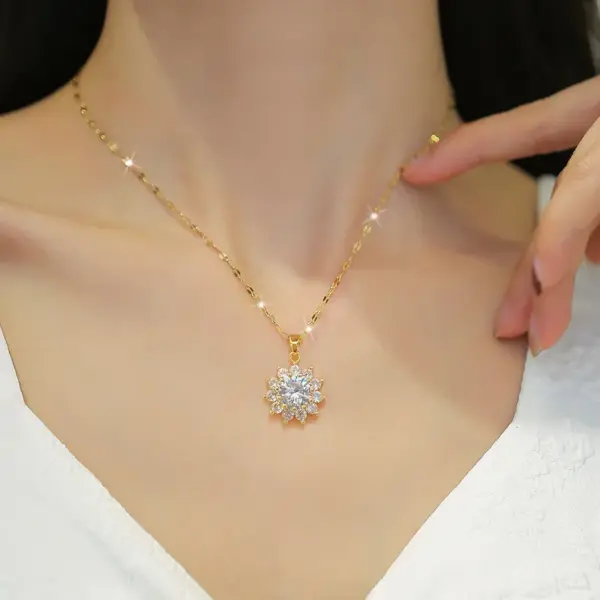 Wholesale Real Gold Plated 304 Stainless Steel PVD Coated Zircon Flower Waterproof Non Tarnish Luxurious Earrings Necklace For Women'S