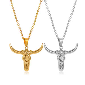 Wholesale Cross-border new stainless steel personality ethnic Indian cow head necklace animal cow horn pendant necklace