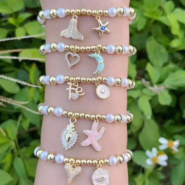 Wholesale Jewelry Casual Simple Style Starfish Heart Shape Fish Tail Copper Zircon 18K Gold Plated Polishing Enamel Inlay Bracelets
