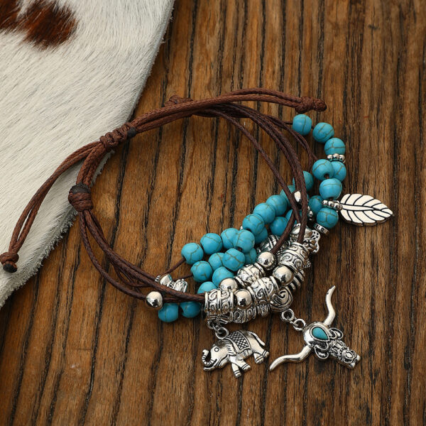 Wholesale European and American New Ethnic Style Bohemian Turquoise Tow Head Elephant Leaf Pendant Handmade Multi-layer Bracelet Bracelet